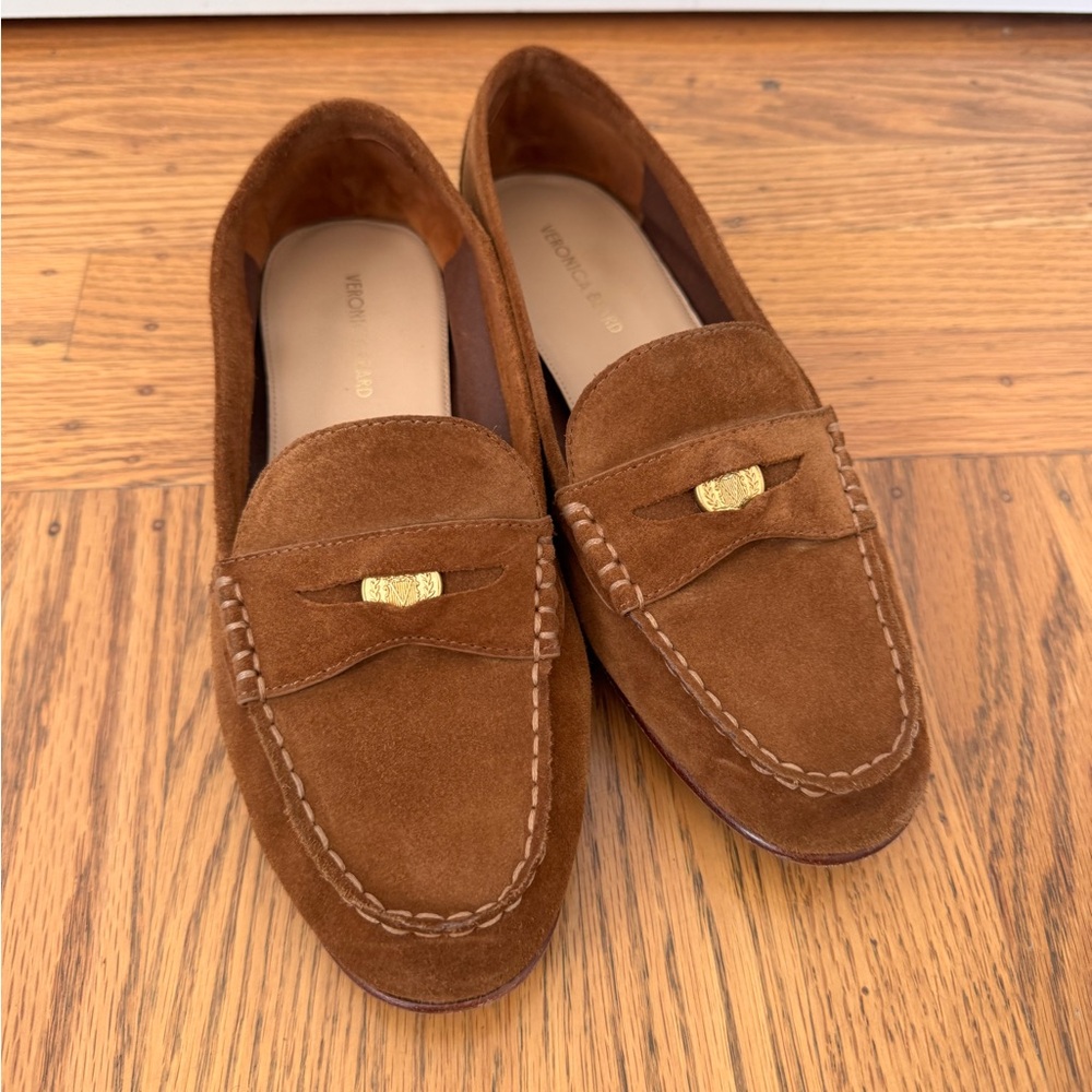 Veronica Beard Hazelwood Brown Suede Penny Loaders Gold Hardware Size 7.5